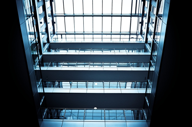 no people, floors, directly below, nature, glass, office, city, light, pattern, inner hallway, staircase, modern, office building exterior, 2K, architecture