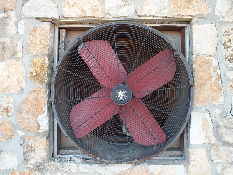2K, electric fan, exhaust fan, architecture, building exterior, window, fan, rock wall, circle, cooling, electricity, ventilation, stone wall, built structure