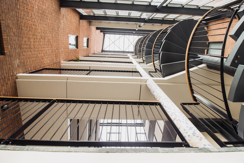 stairs, wall - building feature, appartment, zoetermeer, light, staircase, architect, inside, metal, window, directly below, floors, built structure, apparments