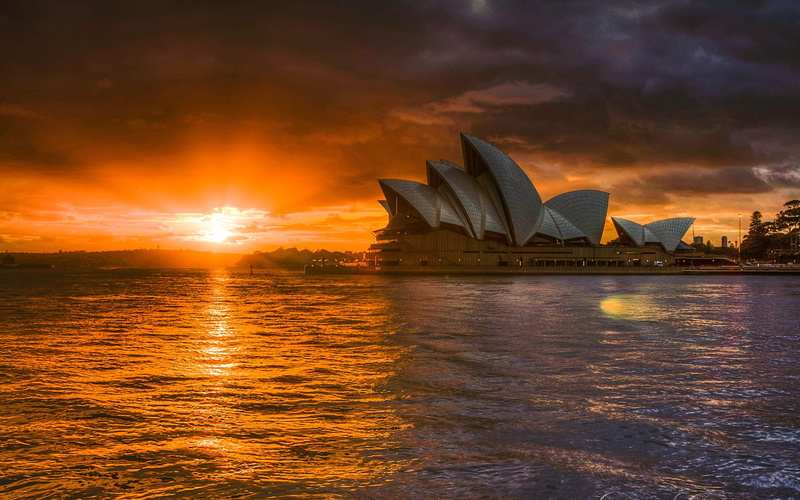 motion, building exterior, building, cloud - sky, Sydney Opera House, 1080P, sky, built structure, sunset, nature, arts culture and entertainment, overcast