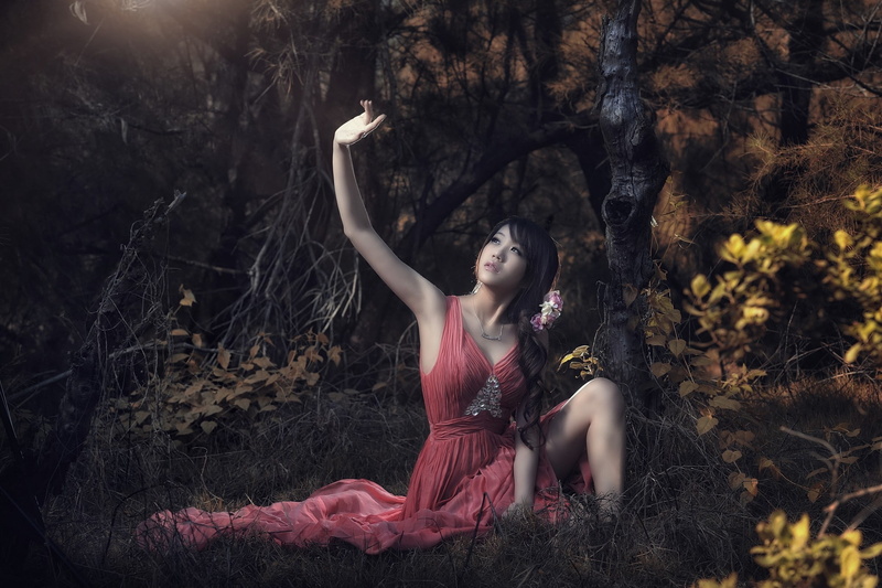Asian, flower in hair, 1080P, pink dress, dark, women, selective coloring, brunette, armpits, color correction, arms up