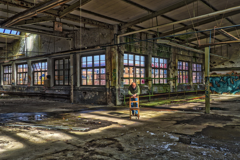 brick, abandoned building, industrial hall, 4K, dilapidated, ceiling, destruction, ailing, decay, self portrait, abandoned, lost places, factory, damaged
