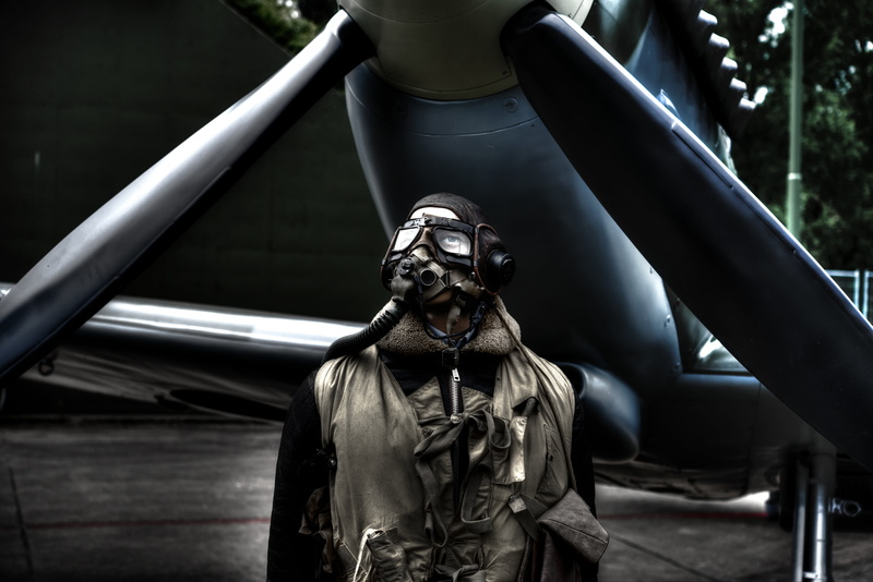 wearing, steel, plane, suit, metal, engine, the past, power, propeller, aircraft, helmet, hdr, goggles, man, person, female likeness, male likeness, craft