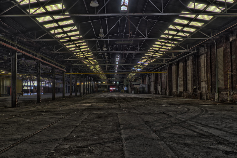 hall, rust, empty, illuminated, building, ceiling, 4K, lighting equipment, graffiti, day, industry, no people, tiled floor, ailing, industrial building