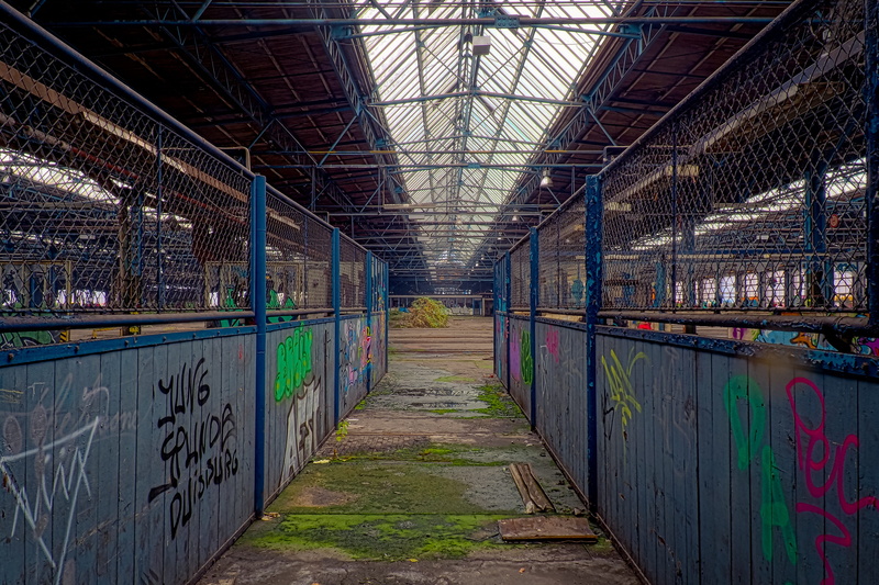 factory building, built structure, railway depot, 4K, old factory hall, lapsed, void hall, ailing, industry, empty, train hall, transience, no people