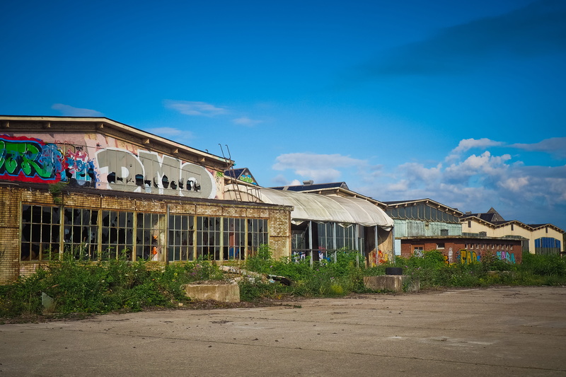 old factory hall, outdoors, transience, maschinenhalle, forget, ruin, building, train, nature, break up, the past, passed, railway depot, sky, building exterior
