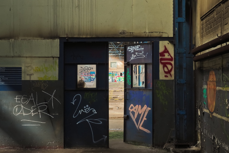 industrial building, metal, factory, architecture, lapsed, built structure, old building, sign, dilapidated, human representation, building, masonry, past