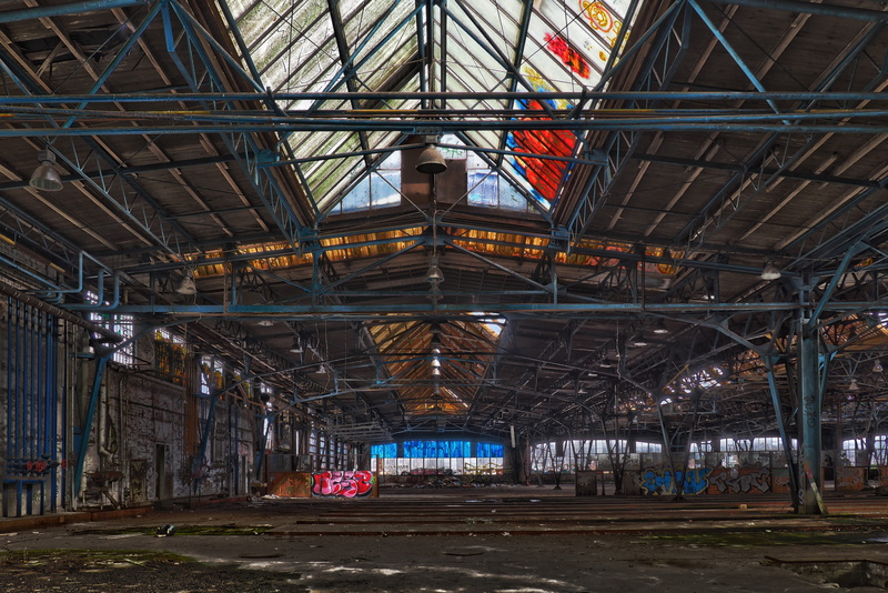 building, industry, train, lapsed, break up, destruction, obsolete, ailing, railway depot, train hall, metal, shabby, factory building, finiteness, low angle view