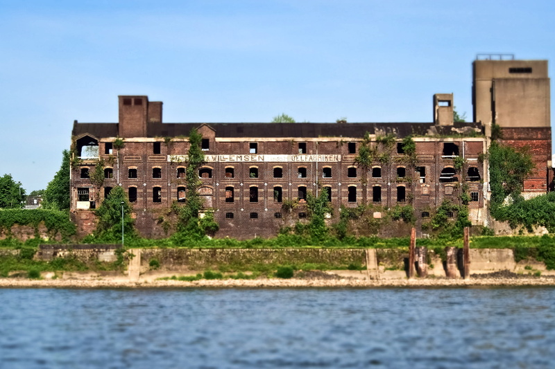 decay, old warehouse, gloomy, river, old, the past, industrial building, water, atmosphere, tilt shift, leave, castle, masonry, forgotten places, lapsed