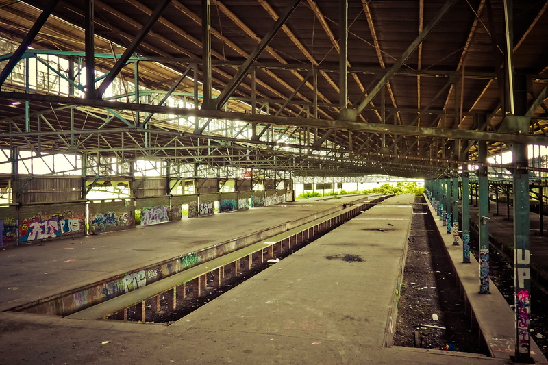 day, passed, railway station, railroad track, incidental people, old factory, neglected, indoors, mode of transportation, ailing, broken, transient, old factory hall