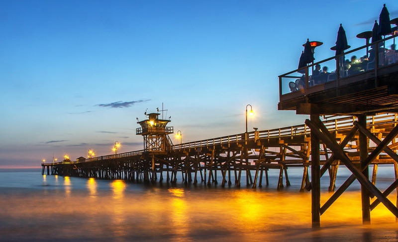 california, pier, offshore platform, built structure, water, blue, 2K, waves, sky, usa, pacific, dusk, architecture, no people, colorful, industry, oil industry