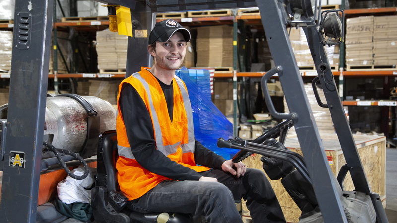 occupation, 5K, safety, men, mode of transportation, transportation, forklift, clothing, protection, one person, looking at camera, working, three quarter length
