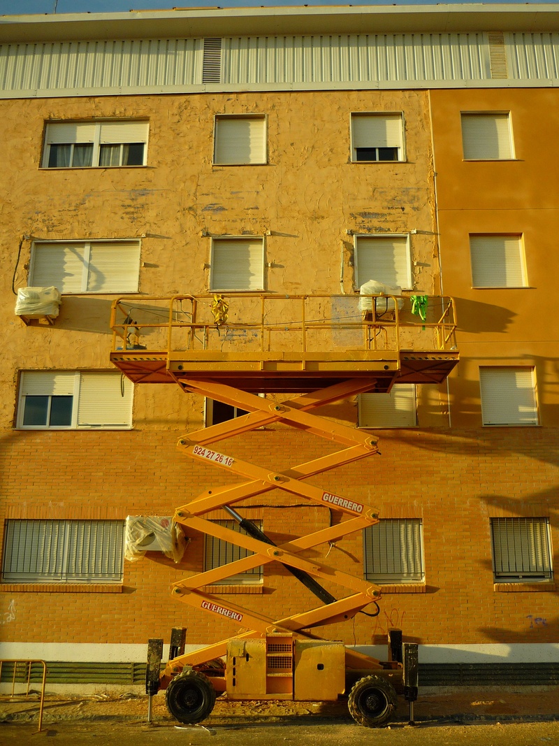 drying, balcony, built structure, scissor, wheel, mobile, railing, height, housing, reform, transportation, forklift, residential district, yellow, 2K
