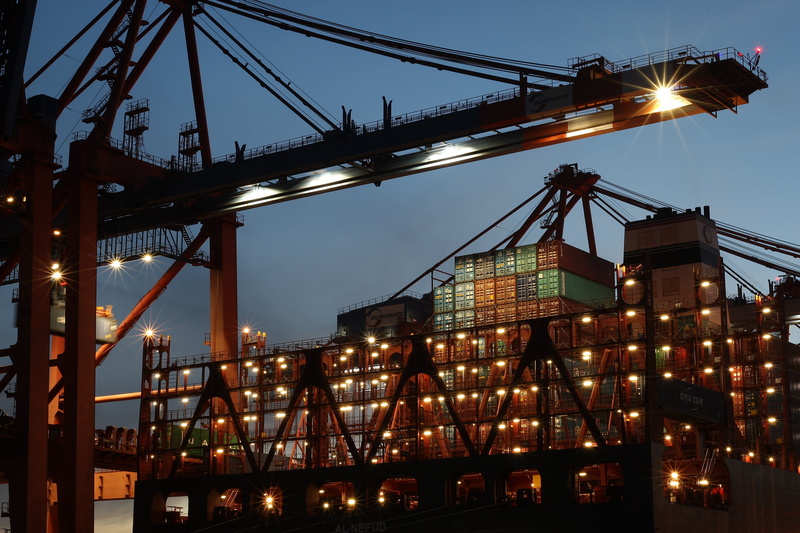 machinery, water, city, illuminated, low angle view, night, container, no people, crane - construction machinery, nature, industry, building exterior, business