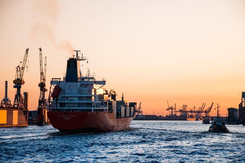 container ship, seashore, freight, 4K, dusk, containers, mode of transportation, landscape, smoke, photography, water, no people, industrial, nature, bay