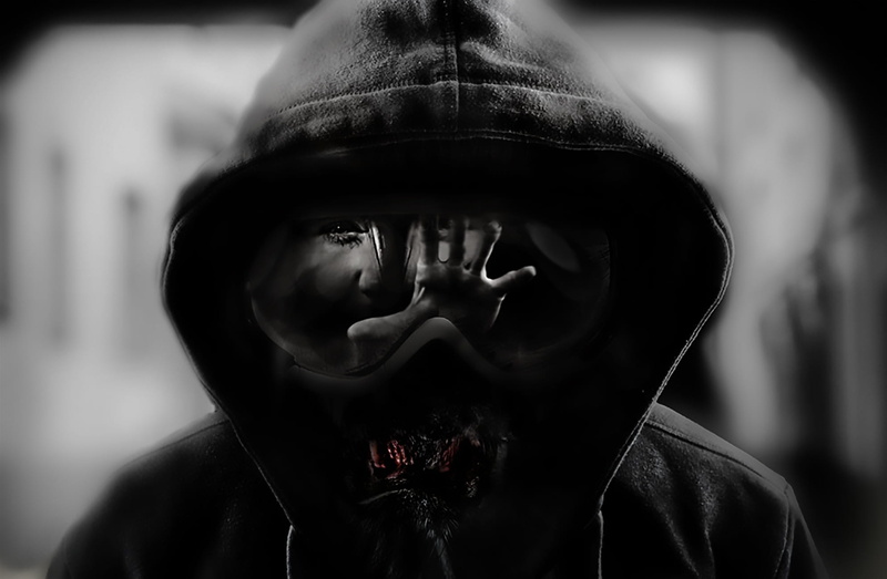 looking at camera, spooky, hooded shirt, photo montage, horror, aggression, men, fear, human face, front view, clothing, adult, hood - clothing, mirroring