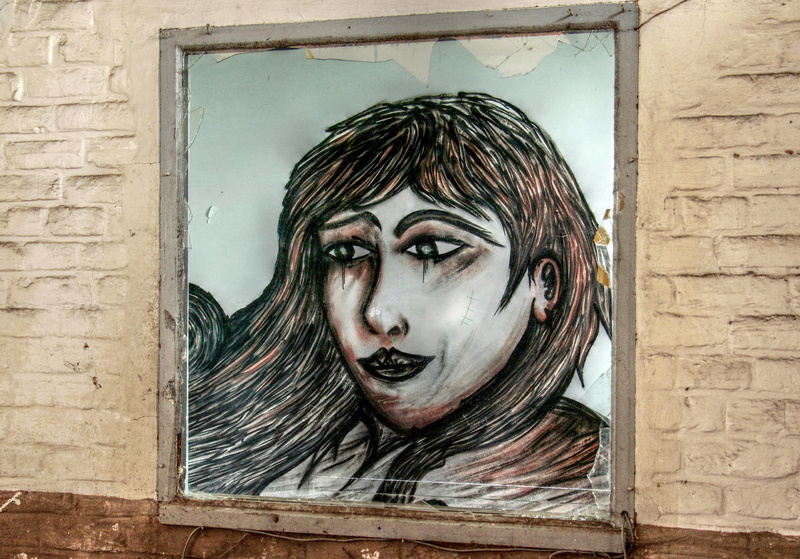 atmosphere, person, painting, glass, pforphoto, graffiti, broken, historically, young adult, light, built structure, young women, front view, masonry, ailing