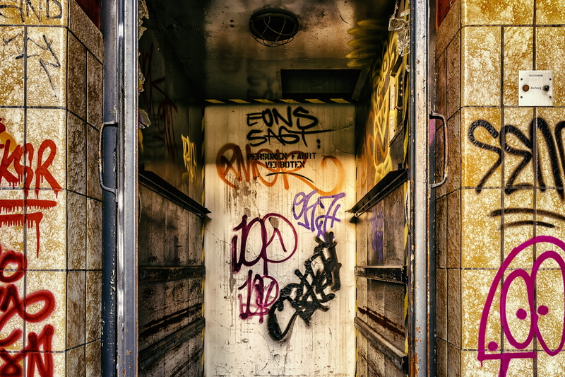 built structure, dirt, building, creativity, wall - building feature, lift, architecture, defect, messy, street art, empty, elevator, mural, broken, text