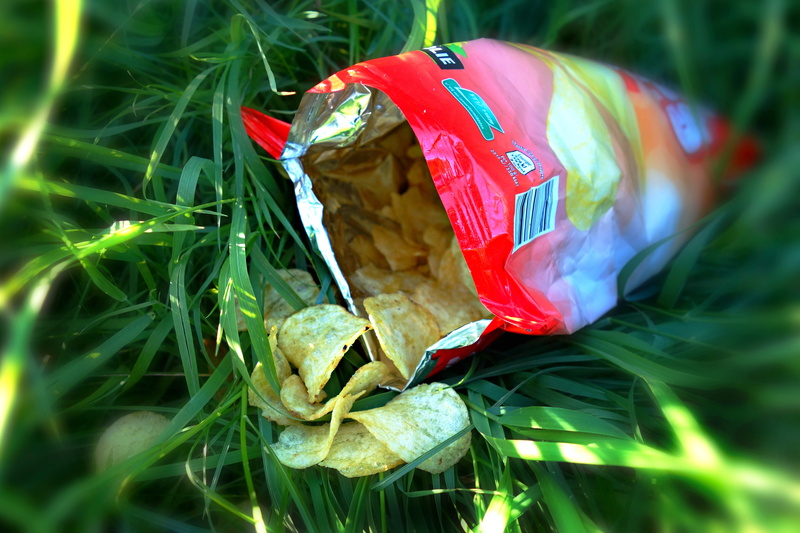 high angle view, crisps, processed food, food and drink, freshness, green color, grass, nature, chips, outdoors, plastic bag, plant, polythene, opened
