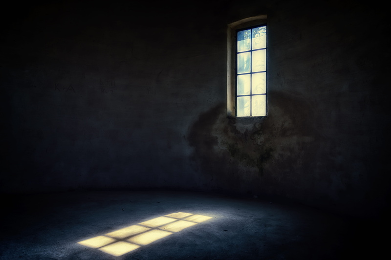 flooring, domestic room, concrete, wall - building feature, mysterious, empty, mystical, indoors, window, light, copy space, illuminated, mood, masonry