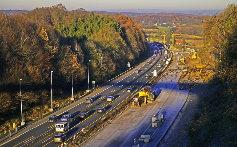 landscape, land vehicle, mode of transportation, Construction Site, Highway Construction, renewal, no people, teutoburg forest, valley crossing, tree, lane