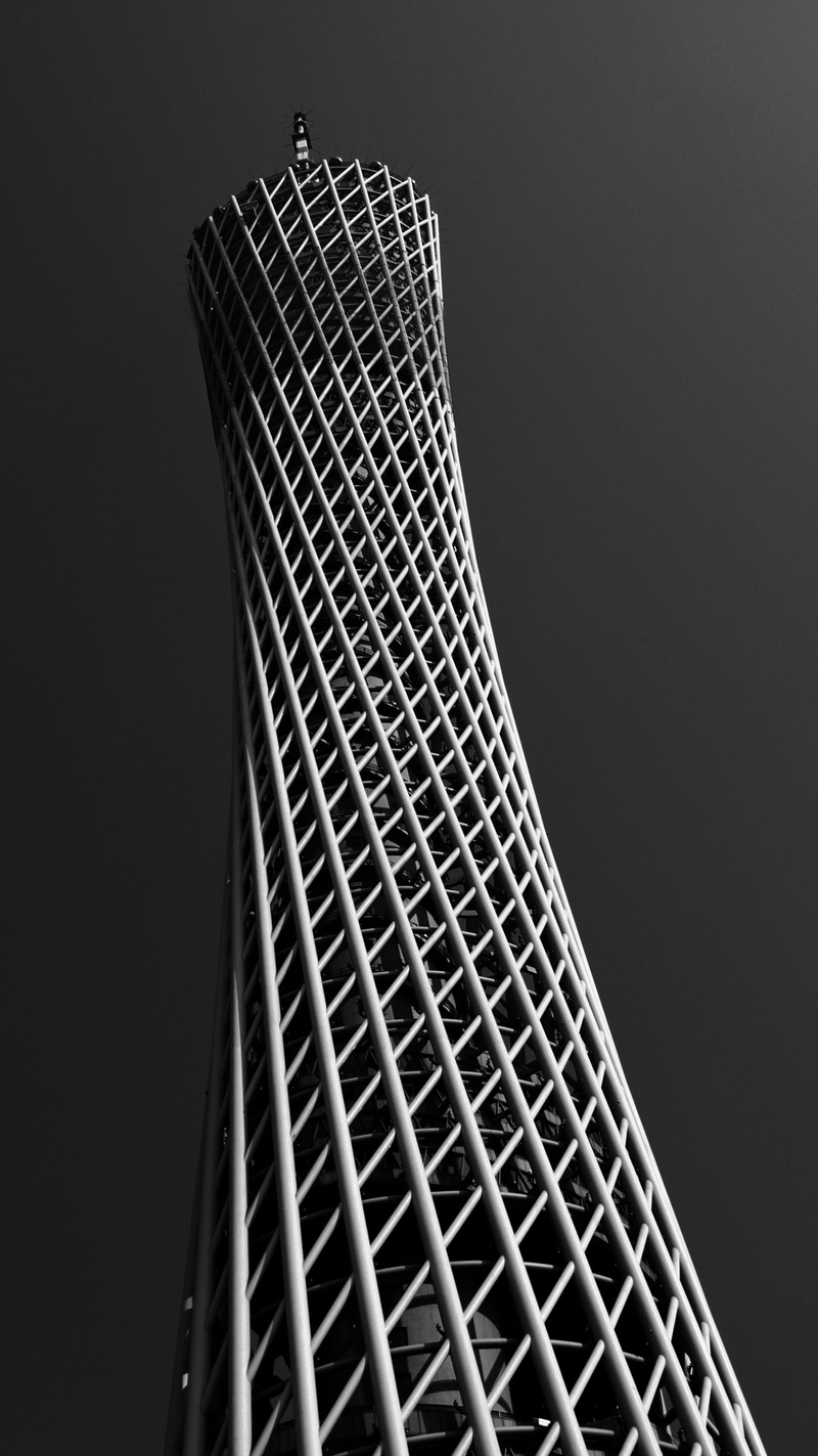 tower, shape, steel, low angle view, black and white, photography, building exterior, pattern, grayscale, dark, office building exterior, 2K, gray, cylindrical