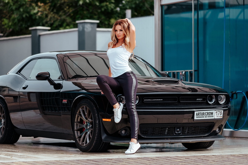 sneakers, black cars, white sneakers, necklace, Dodge Challenger, 1080P, Sweatpants, model, street, women, supercars, Artur Crow, road, women outdoors