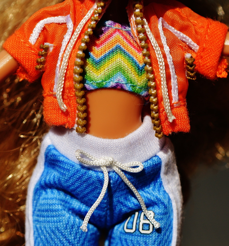 toys, casual clothing, women, girls toys, jacket, sweatpants, warm clothing, sweater, wool, 2K, art and craft, focus on foreground, midsection, doll, red