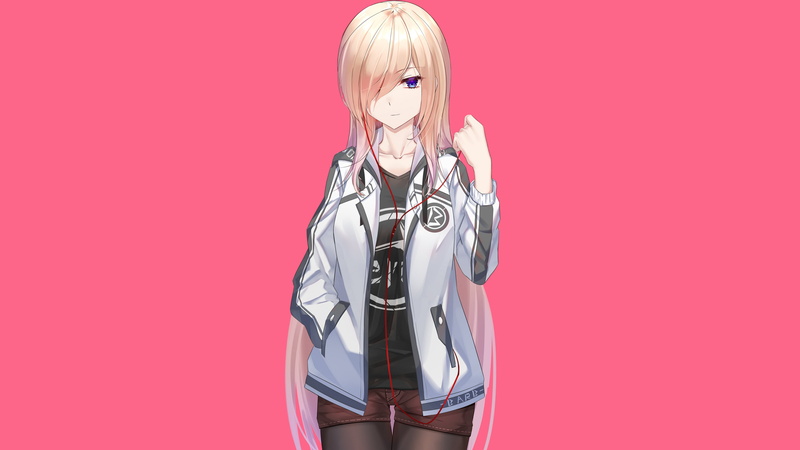 drawing, anime girls, long hair, earphones, pink background, 2D, 2K, blonde, illustration, digital art, blue eyes, anime, simple background, jacket, short shorts