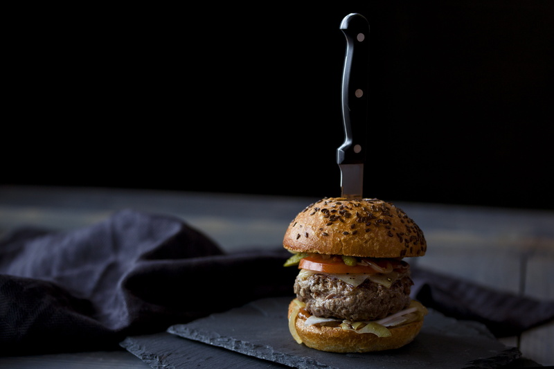 fast food, skewered, studio shot, 5K, gourmet, black, day, copy space, indulgence, kitchen, still life, cookie, pastry, kitchen knife, lettuce, ready-to-eat