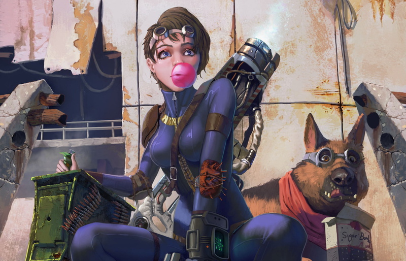 dog, postapokalipsis, girl, 1080P, art, cartridges, fallout 4, weapons