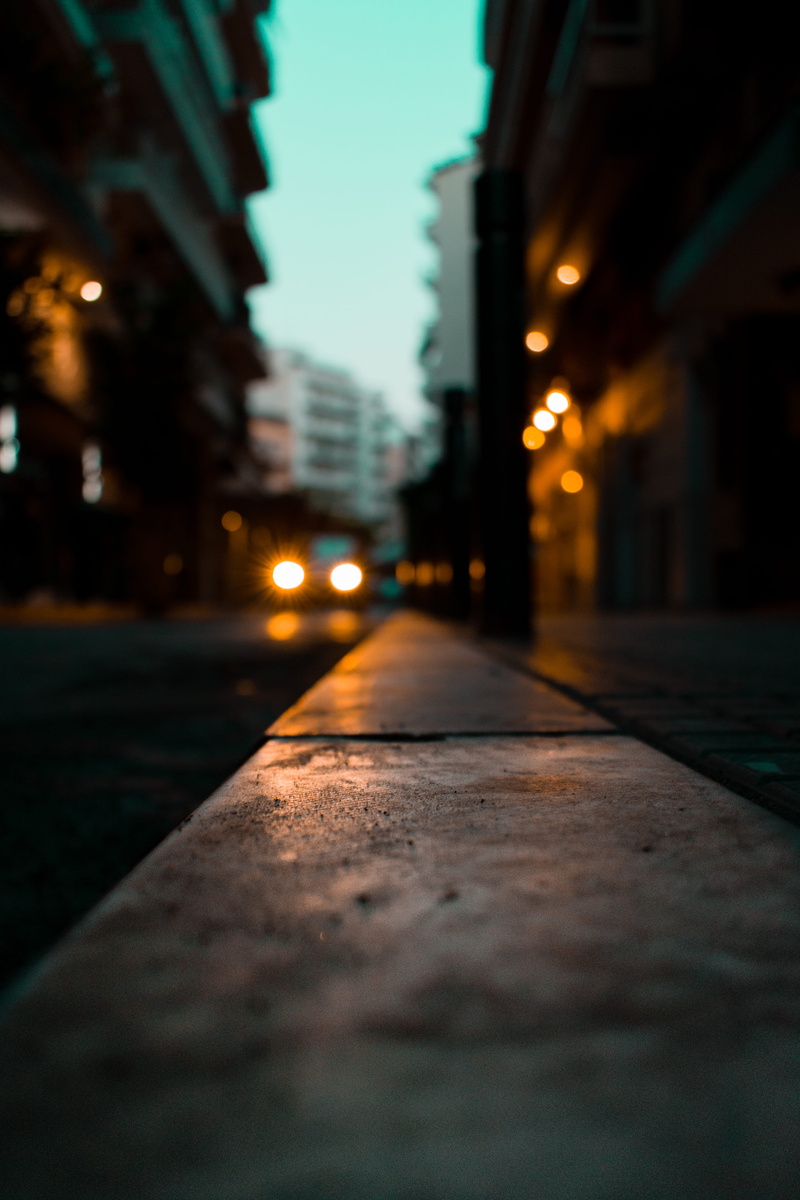 depth of field, selective, street, focus, city, nature, surface level, no people, night, street light, outdoors, photography, concrete, the way forward