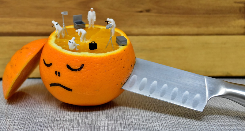 gray, 5K, kitchen utensil, still life, criminal case, fruit, halloween, fingerprints, crime scene, figures, sliced, miniature figures, focus on foreground
