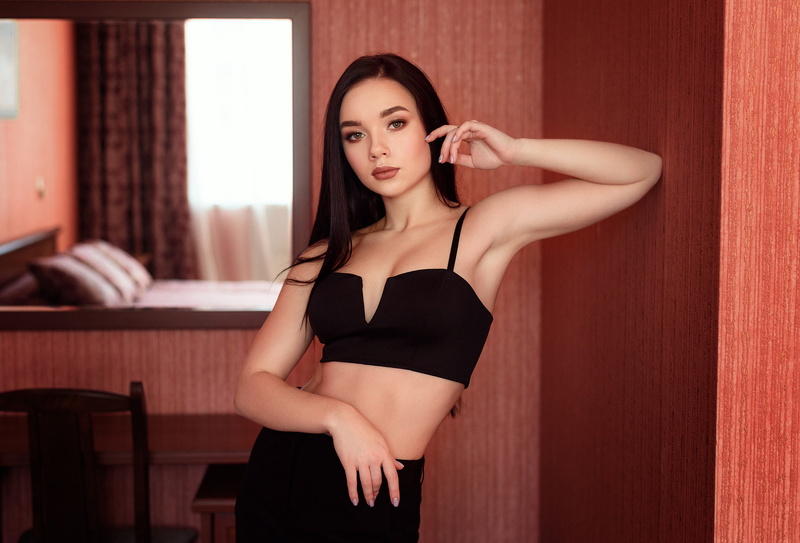 reflection, looking at viewer, mirror, brunette, standing, women indoors, black tops, women, portrait, armpits, bare shoulders, tank top, black clothing