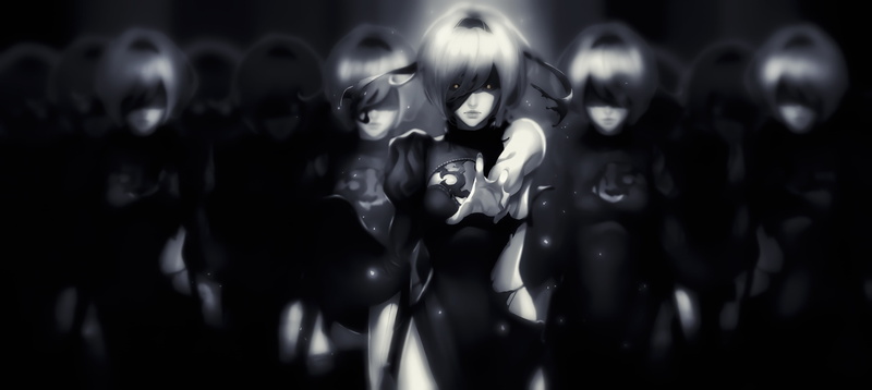 NieR, dark, beautiful woman, standing, group of people, clothing, selective focus, in a row, adult, women, 4K, Anime Game, human representation, art and craft