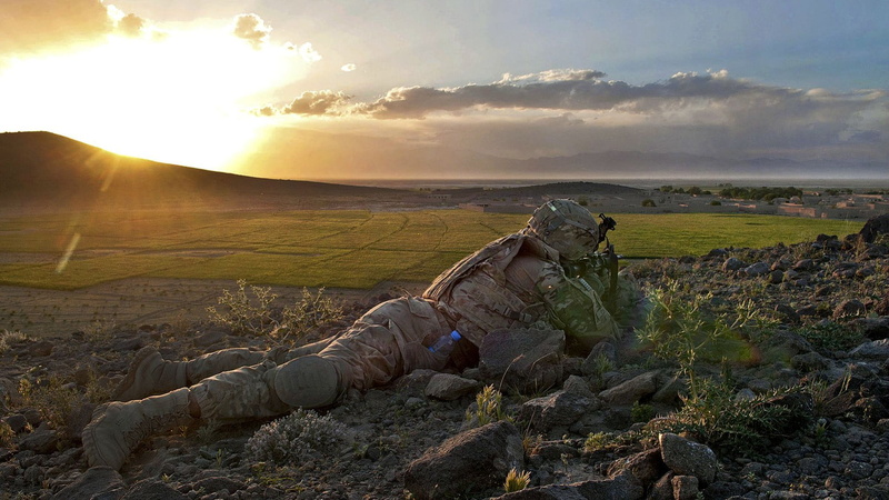 environment, aiming, beauty in nature, Afghanistan, crawling, solider, outdoors, tranquility, nature, sunset, landscape, lying down, people, weapon, land