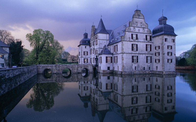 Castle Bodelschwing, reflection, water, Germany, building, 1080P, castle, architecture, Dortmund, trees