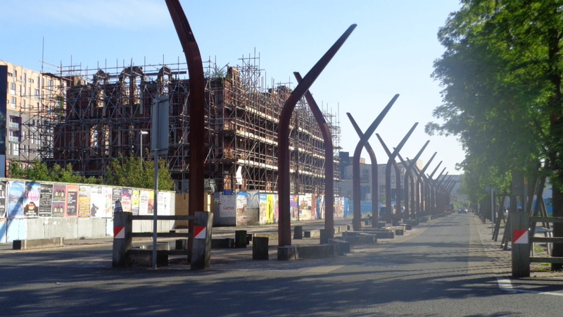 white, outdoors, concrete, nature, transportation, building, shadow, day, clear sky, tree, no people, road, brown, construction site, city, street, office building exterior