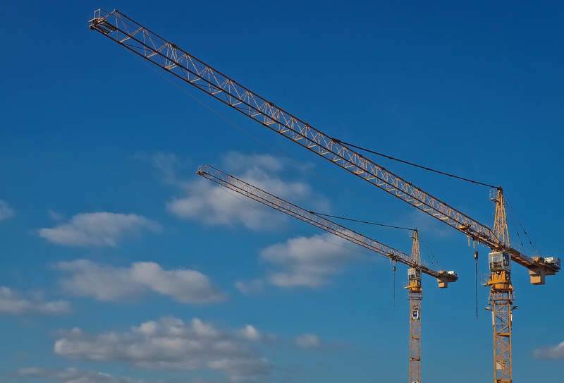 work, tall - high, journey, construction industry, two, freight transportation, metal, machine, outdoors, sky, high, clear, construction site, crane, machinery