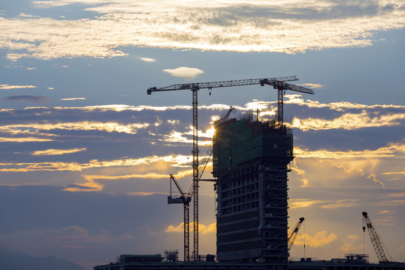 cranes, construction site, technology, crane, outdoors, nature, dawn, unfinished, low angle view, construction equipment, architecture, backlit, built structure