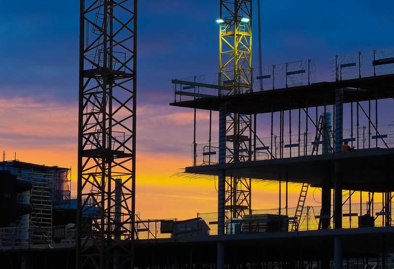 evening, steel, construction industry, illuminated, night, dusk, afterglow, build, twilight, cloud - sky, nature, house construction, connection, 4K, orange color