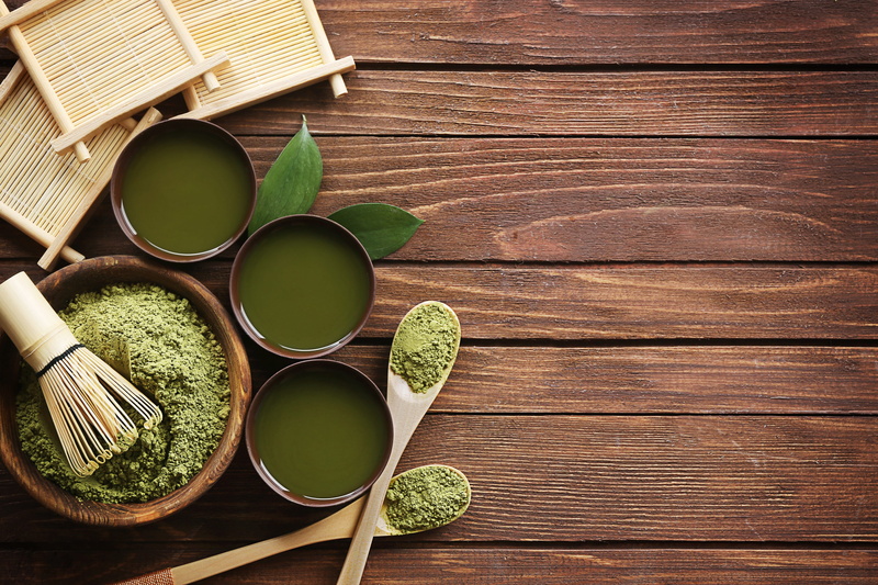 group of objects, blank, plant, directly above, leaf, bowl, green Color, powder, fresh, healthy, no people, matcha, herb, plant part, matcha powder, nature
