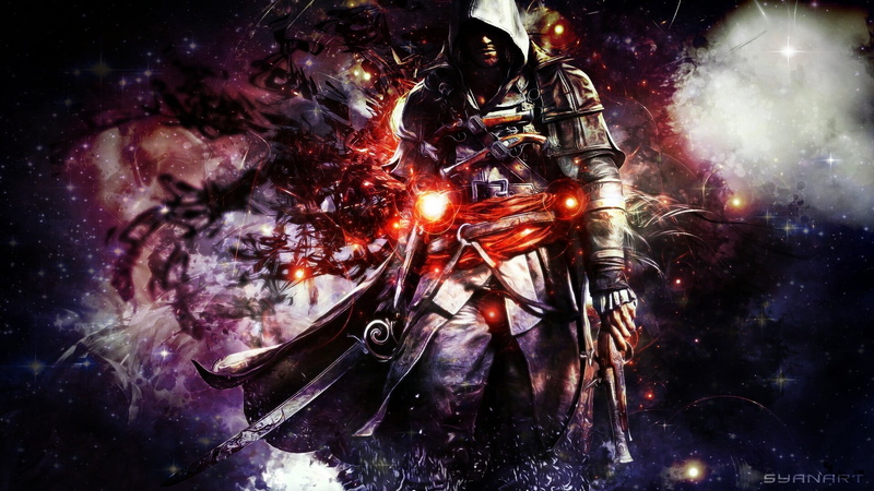 assassin, holding, technology, people, game, Assassins Creed, blurred motion, night, standing, illuminated, s, burning, motion, smoke - physical structure