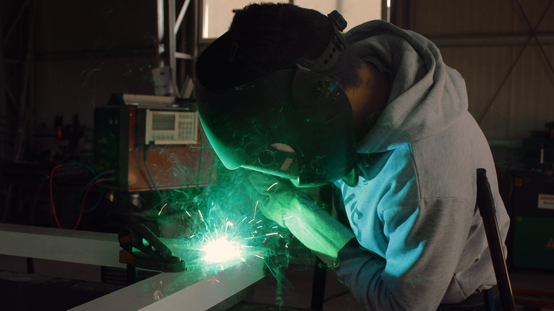 occupational safety and health, production, steel, sparks, metal, factory, indoors, obscured face, technical, construction, work, protective mask - workwear