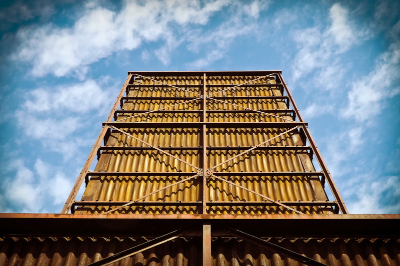 architecture, pattern, steel, work, city, construction, industrial, sky, communication, sign, clouds, factory, connection, outdoors, building, built structure