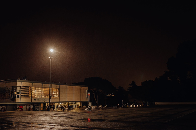 urban, road, nature, 5K, night, city, plant, moon, after the rain, sky, no people, tree, people, gray, wet, building exterior, lights, lighting equipment