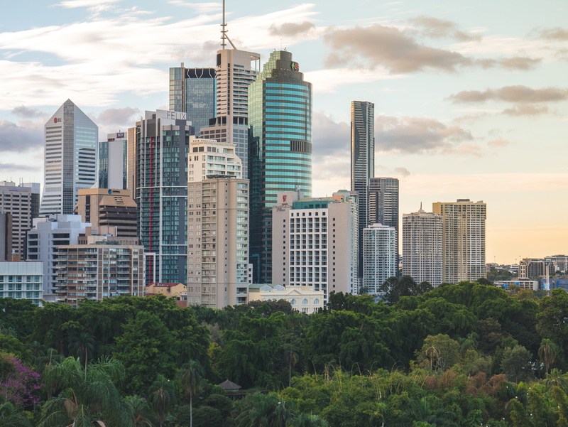 no people, queensland, brisbane city, blue sky, spire, business, outdoors, building exterior, architecture, apartments, vantage point, building, park, trees