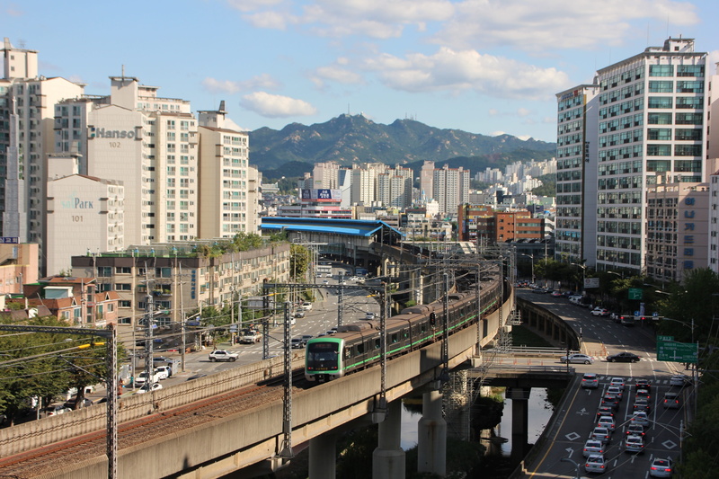 water, day, electricity, rail transportation, building, city center, traffic, bridge, commuting, built structure, passenger, republic of korea, mode of transportation