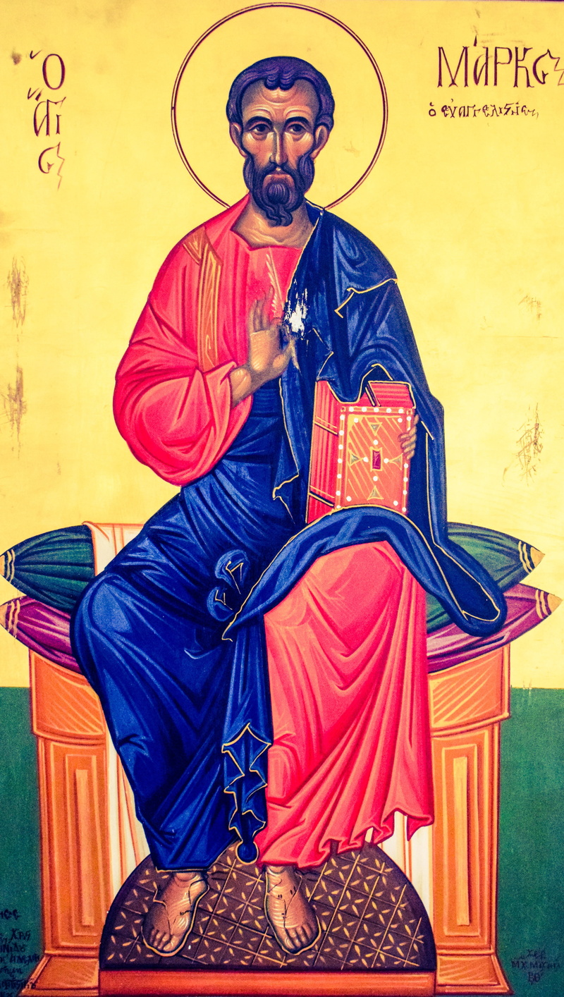 sunglasses, saint mark, painting, mid adult, three quarter length, byzantine style, adult, religion, one person, 4K, paralimni, males, front view, wall - building feature