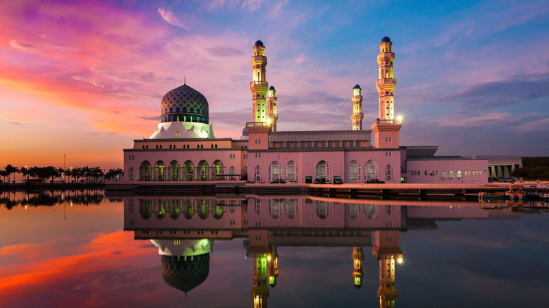 sunset, mosque, kota, city, sabah, second, reflection, 1080P, kinabalu, malaysia, main, hd, water